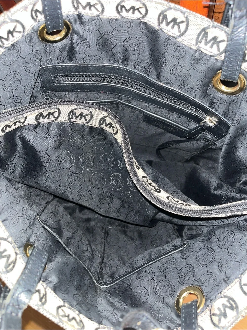 Michael Kors Black and Tan MK Logo Tote with Gold Charm